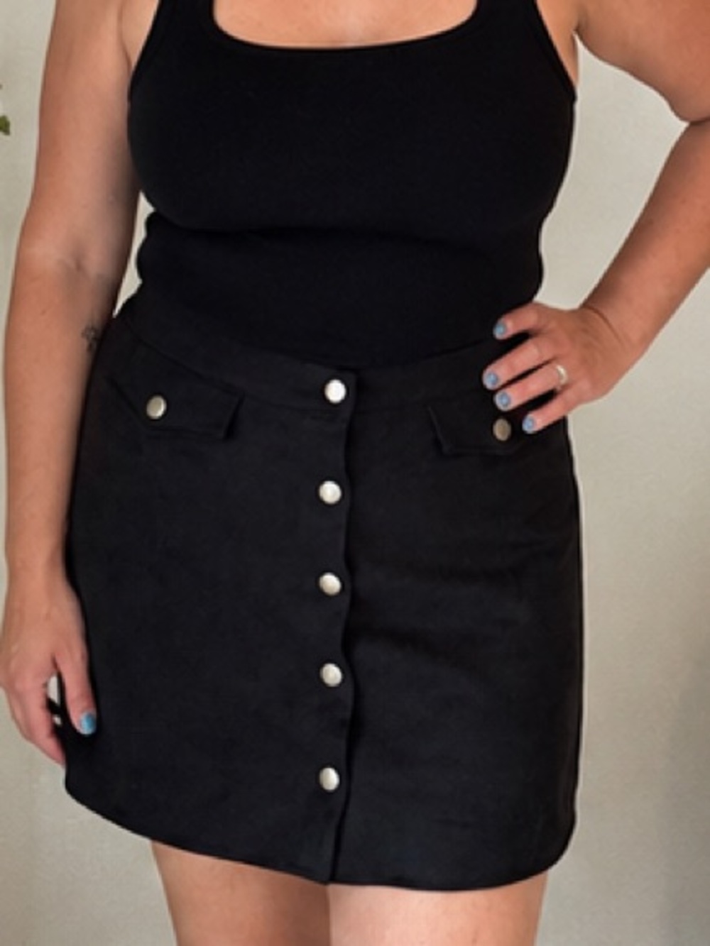 Glassons Black Faux Suede Mini Skirt with Silver Snap Buttons